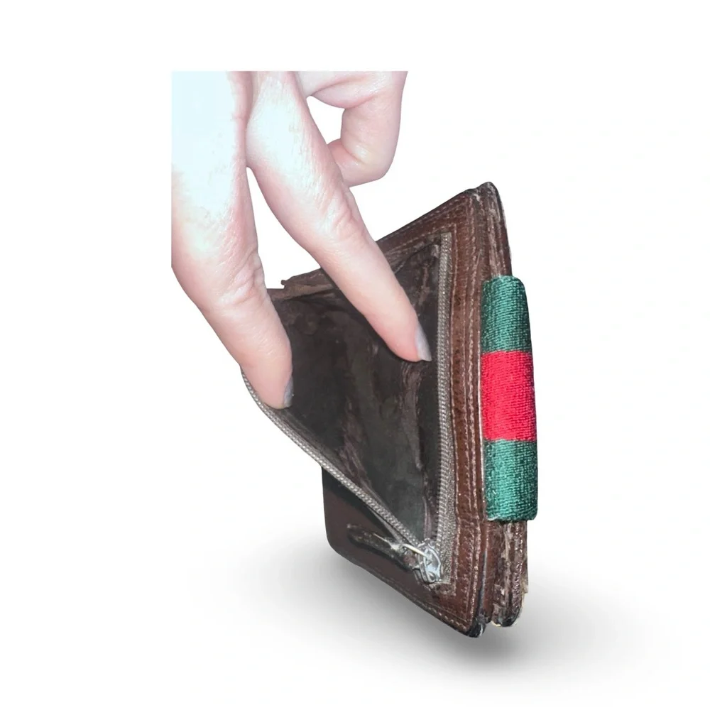 Gucci Sherry Line Red/Green Stripe GG brown canvas leather wallet with dust bag - Picture 12 of 13
